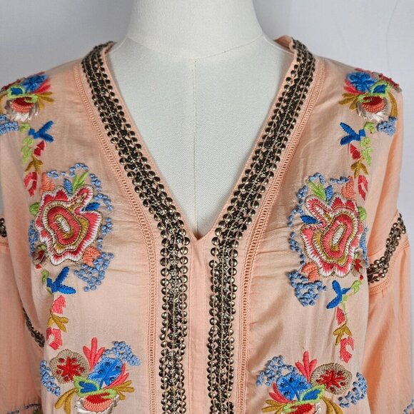 Soft Surroundings Palm Island Embroidered Tunic Top Small Peach Boho Artsy - Picture 3 of 12